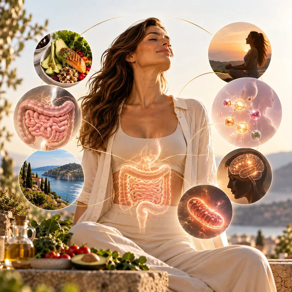 Mulher de olhos fechados ao sol, cercada por imagens de alimentação, intestino, hormônios, cérebro, células, meditação e natureza
